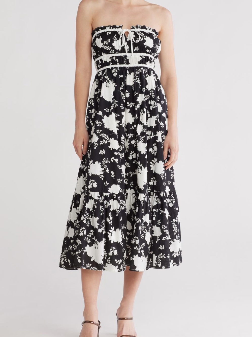 Lush Black & White Strapless Floral Midi Dress with Smocked Bodice